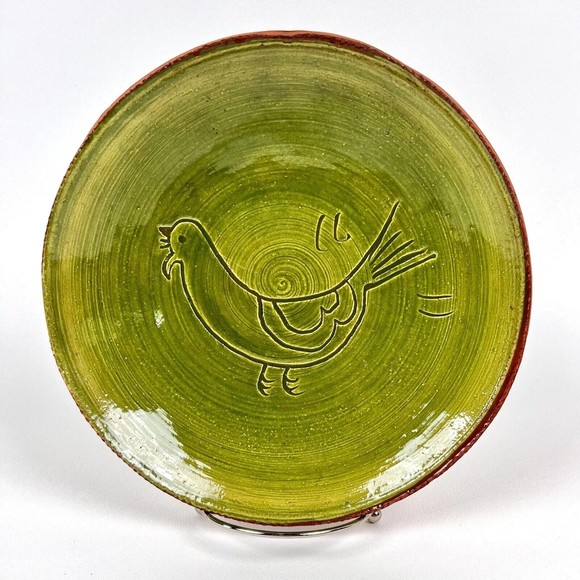Dorothy Long Pottery Redware Plate 1984 Green Glaze Folk Art Bird Sgraffiti - Picture 1 of 8